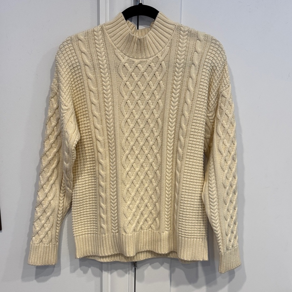 Minnie Rose Cable Knit Mockneck Sweater, Cream, Size Medium